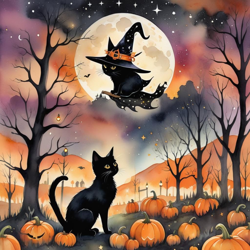 Black Kitten in Witch Hat, Gothic Watercolor Illustration