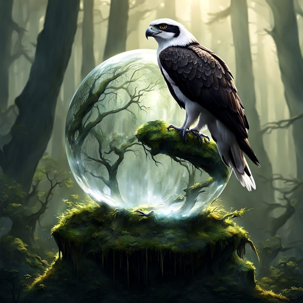Ospreys Flying Inside Crystal Ball Amid Misty Forest