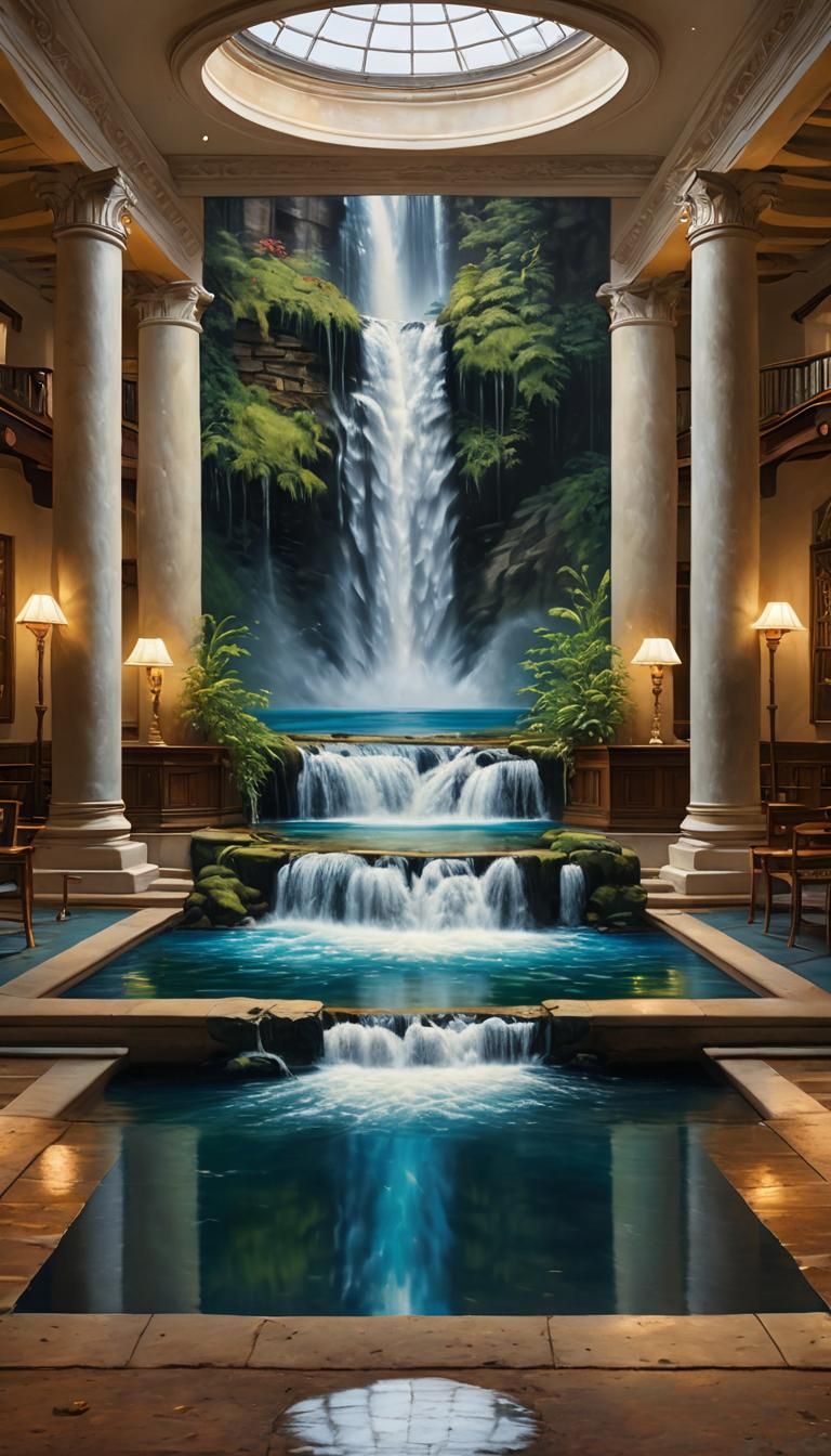 Waterfall Painting Flows in Serene Reading Room