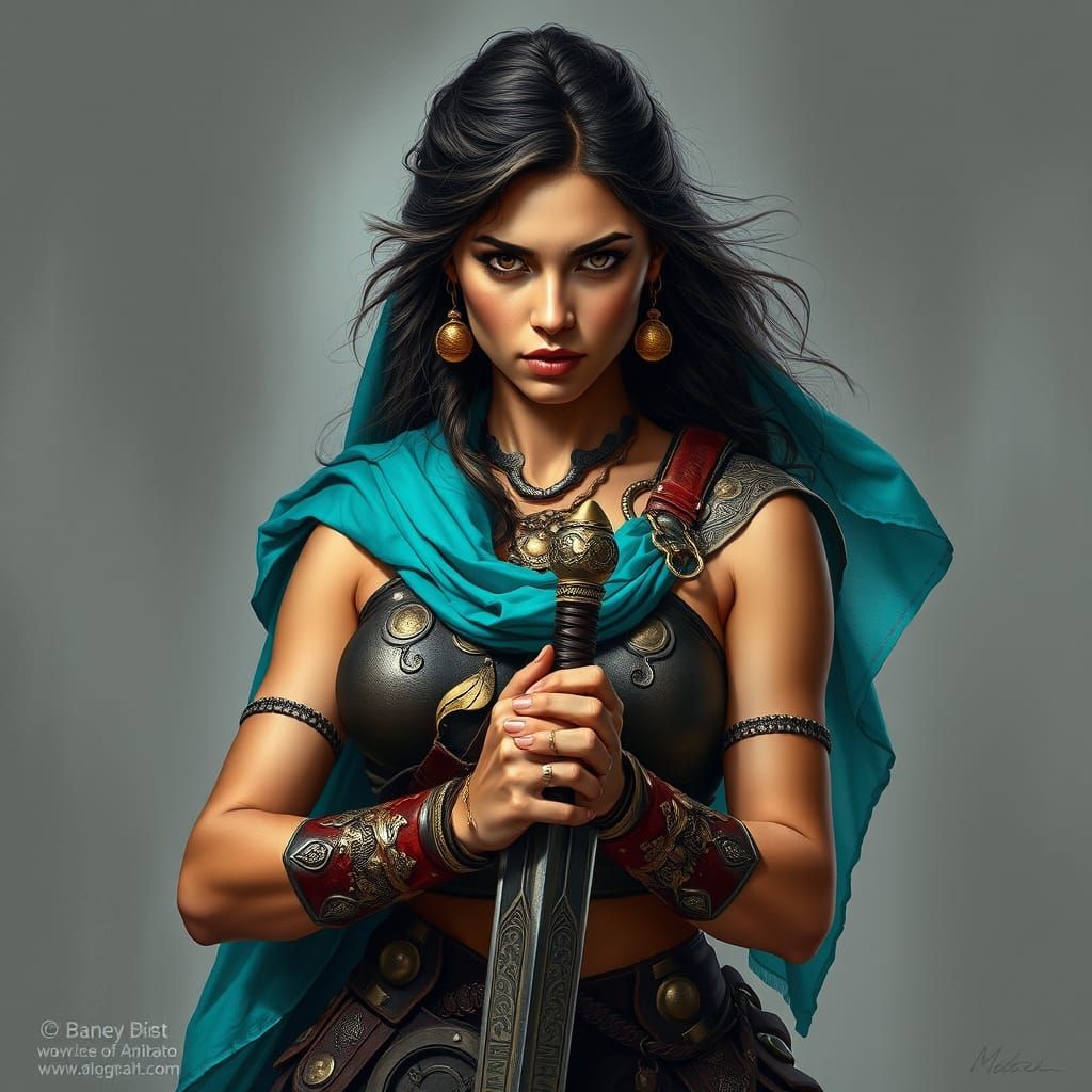 Warrior in Elegant Combat Attire with Turquoise Scarf
