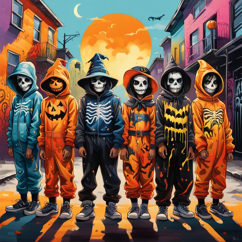 Kids in Halloween Costumes: Vibrant Street Art