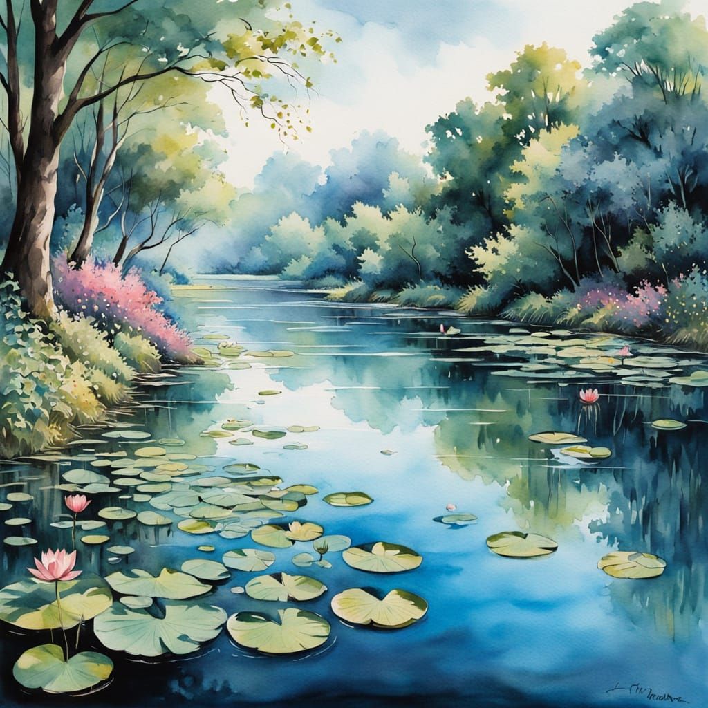 "Lotus flowers" Large Lotus floating all down the bright Tur...