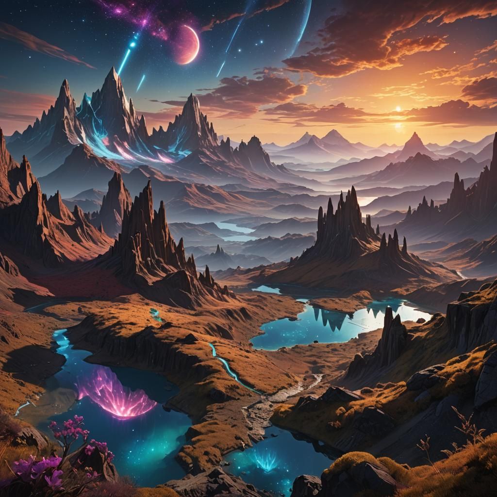 Bioluminescent Galaxy Sunrise Over Mountain Landscape
