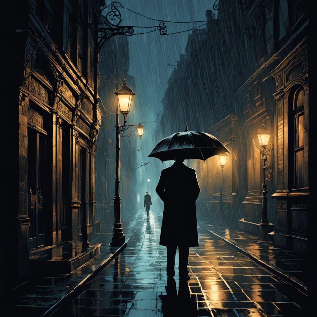 Art Nouveau Detective in Moody, Rain-Slicked Alley