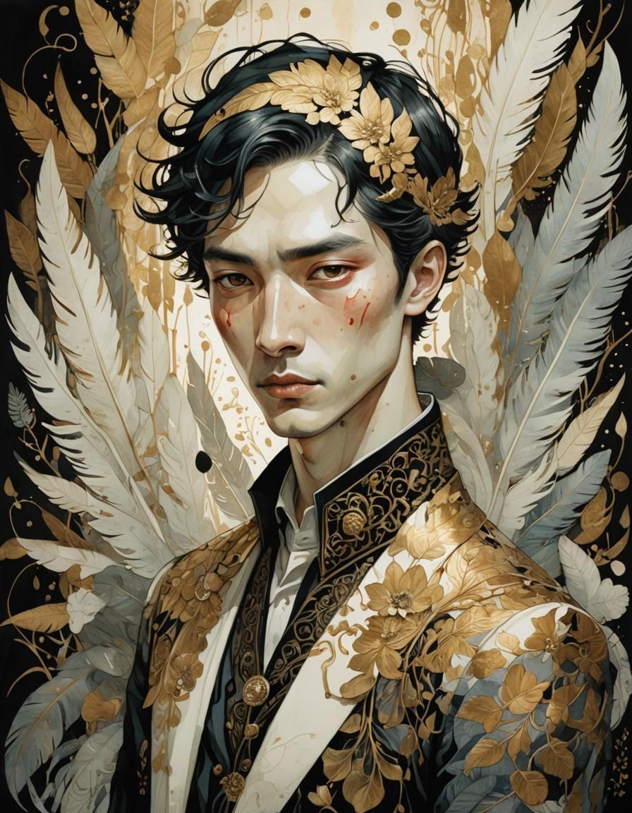 Luminescent Watercolor Portrait with Blood and Feathers