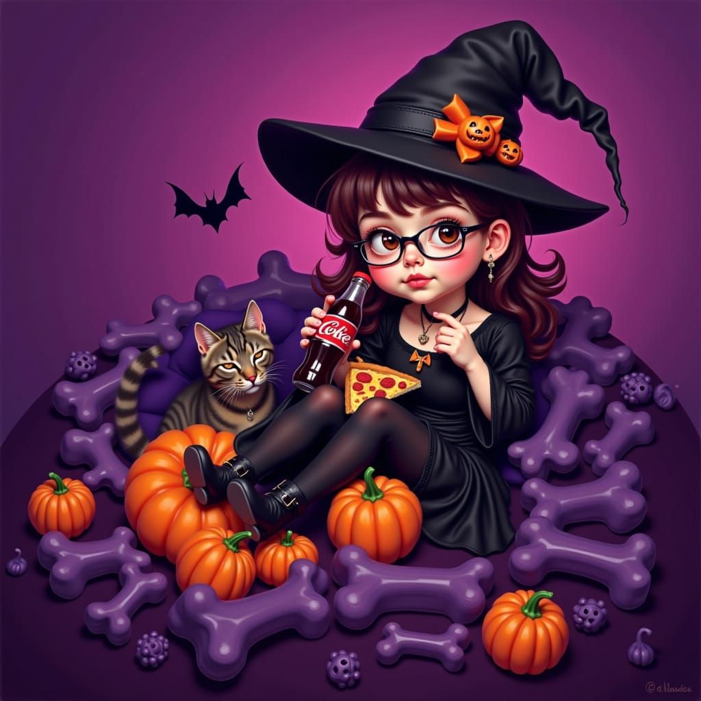 Adorable Emo Witch and Tabby Cat with Halloween Treats