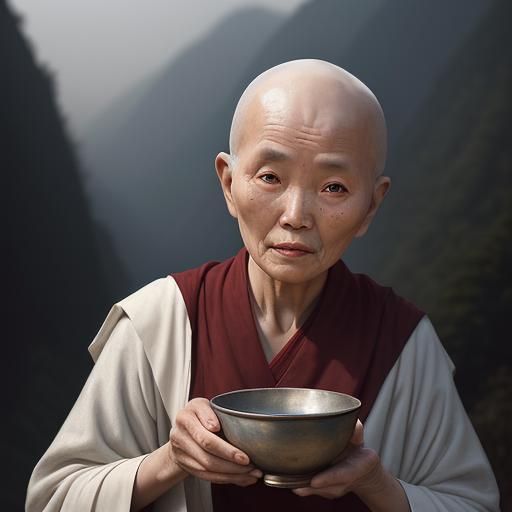 Serene Buddhist Nun Portrait in Mountain Landscape