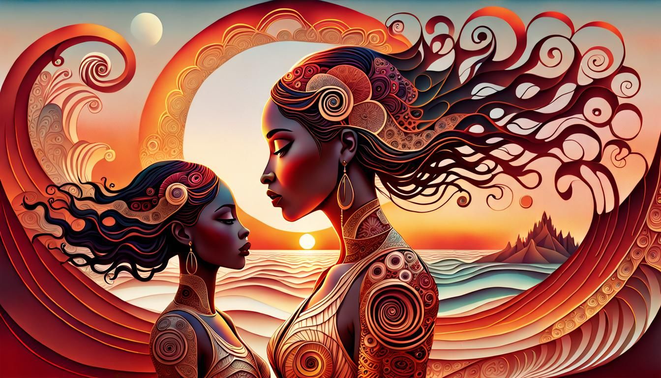 Woman and Girl at Sunset in Art Brut Style