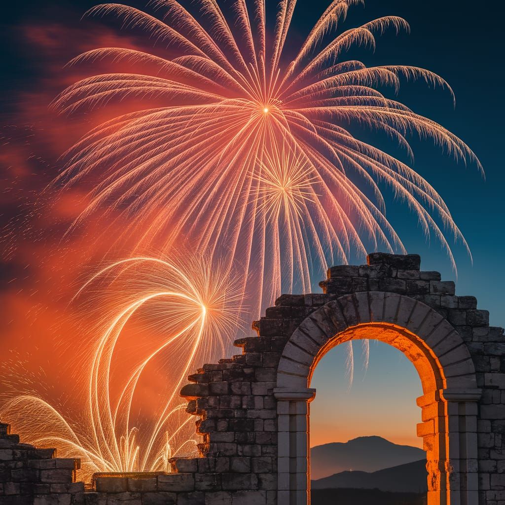 Vibrant Fireworks Cascade Over Stone Archway at Twilight