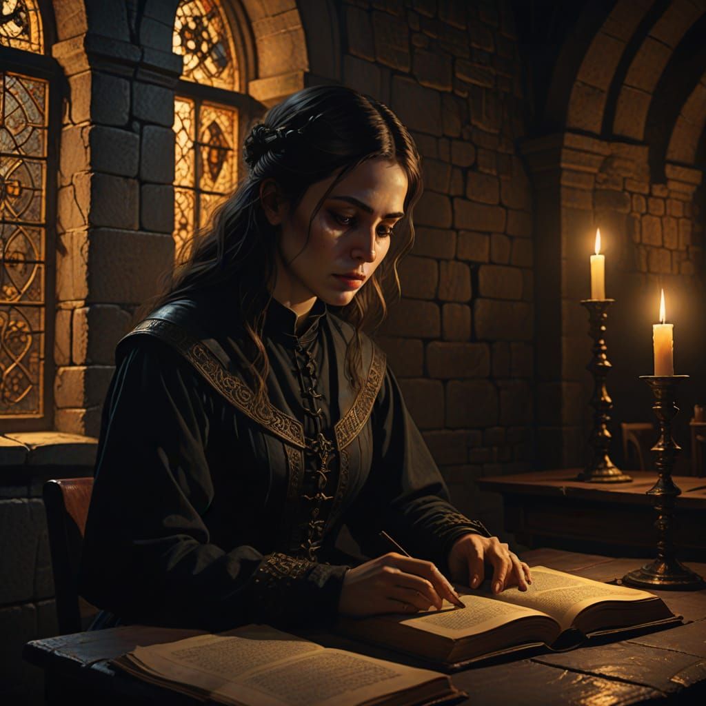 Woman Reading by Candlelight in Gothic Style