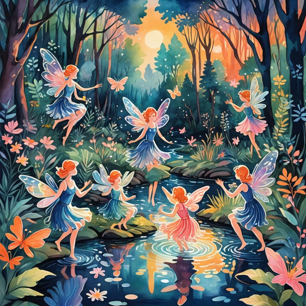 Fairies' Swimming Party in a Forest Stream