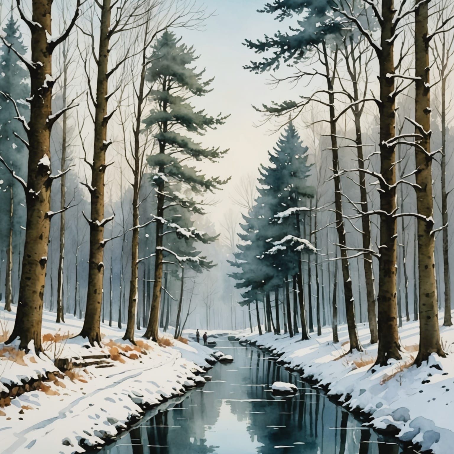 Snowy Woods Morning in Watercolor Style