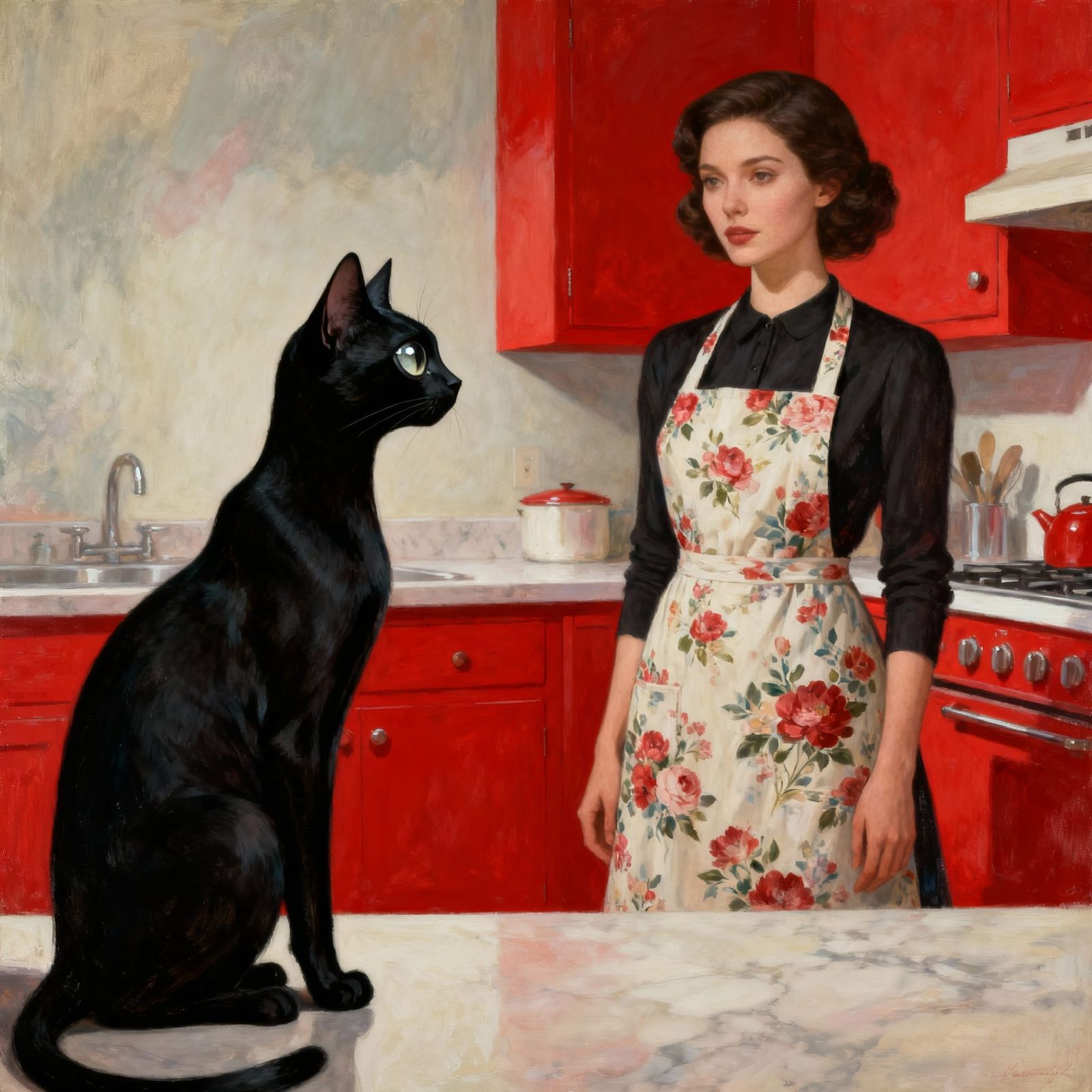Black Cat in Whimsical Red Kitchen