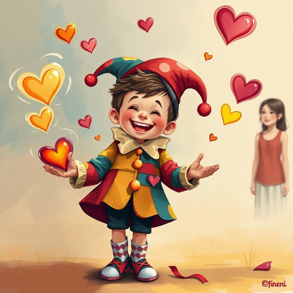 Whimsical Jester Boy Juggles Hearts in Folk Art Style