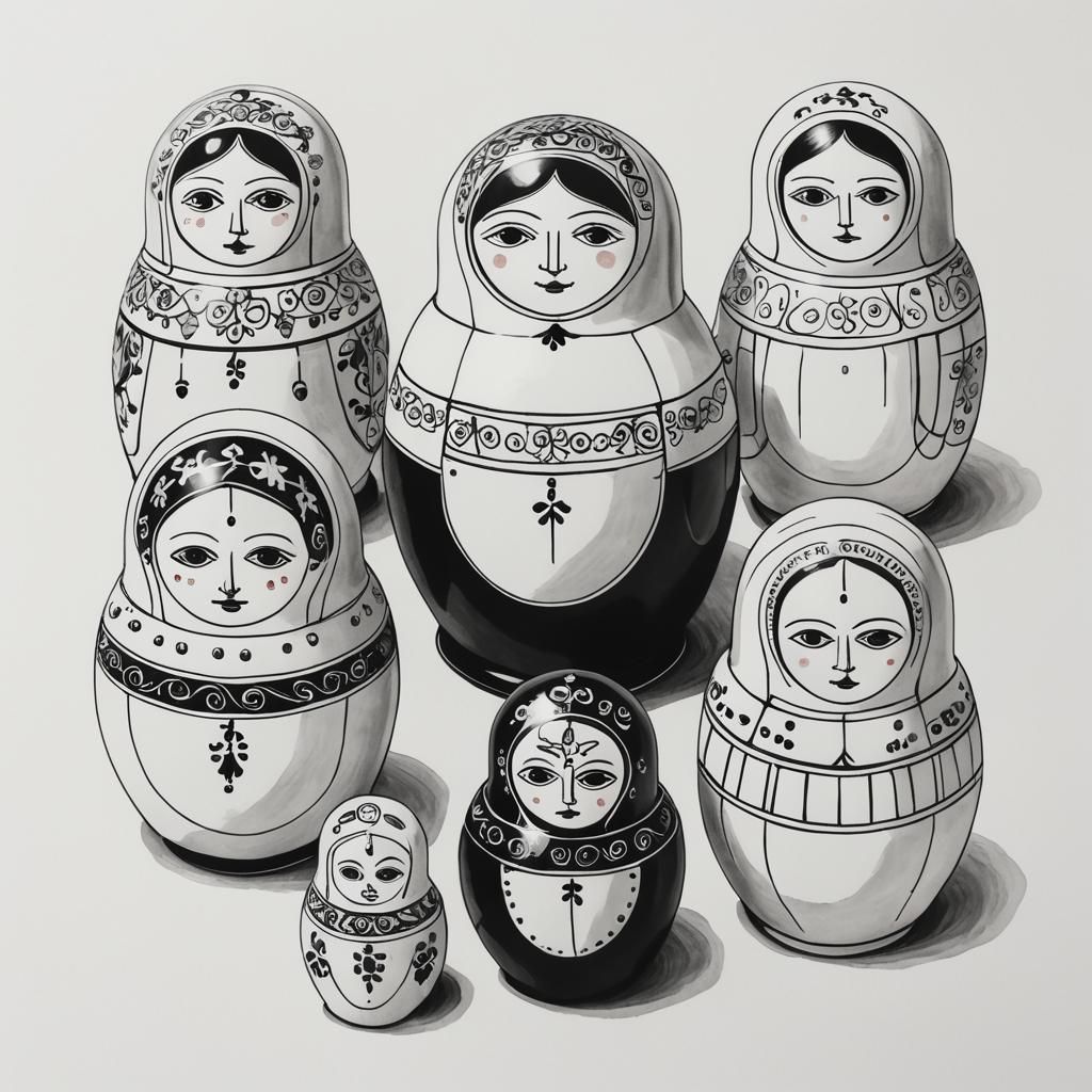 Surreal Minimalist Matriochkas in Monochrome