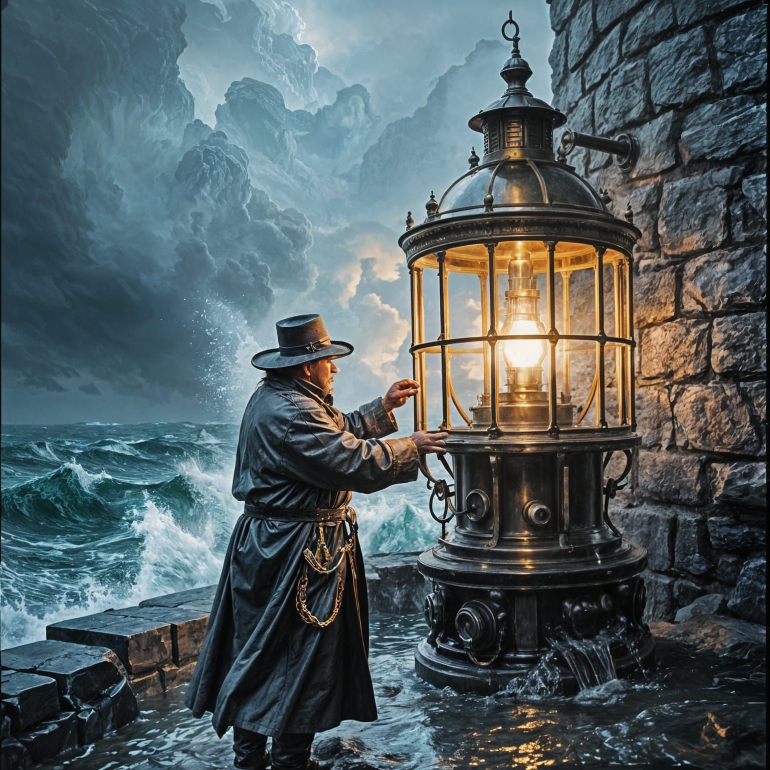 Lighthouse Keeper Polishing Lantern in Stormy Sea