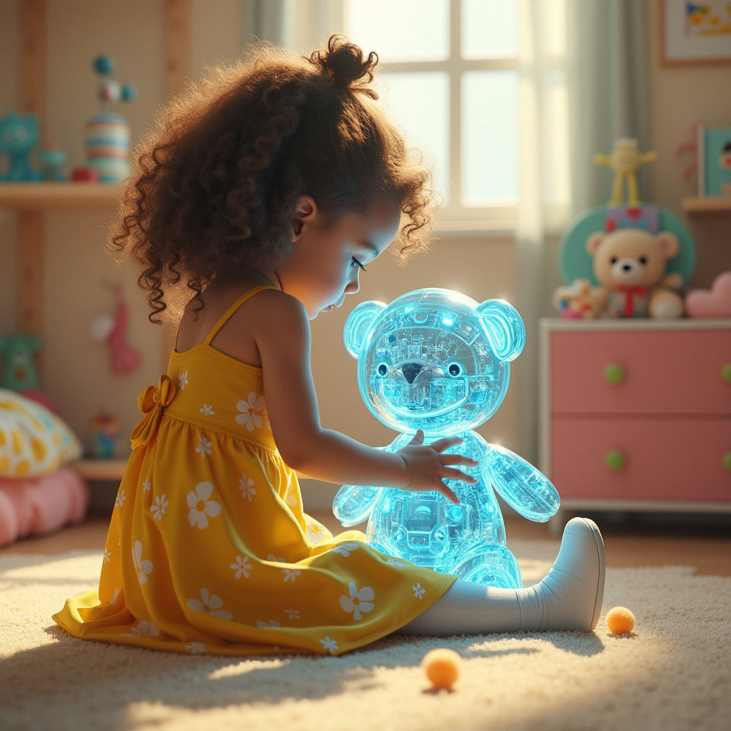 Girl and Holographic Teddy Bear in a Pastel Bedroom