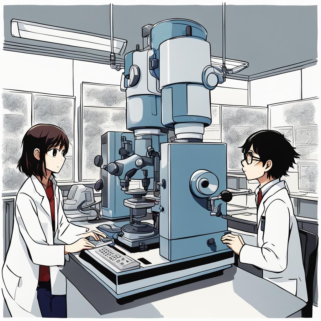 Researchers with Electron Microscope in Manga Style