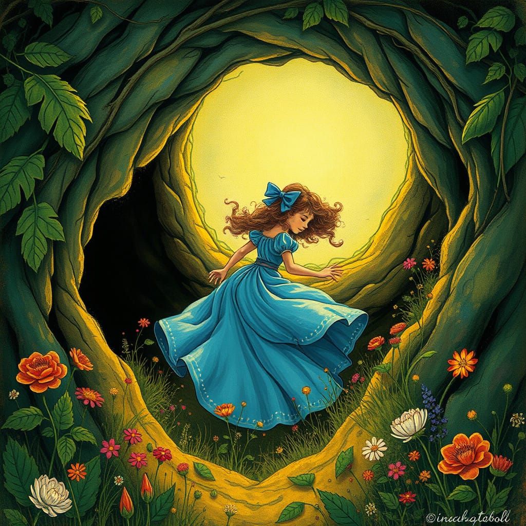 Whimsical Rabbit Hole Illustration in Dreamlike Style