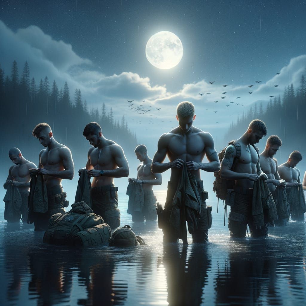 Soldiers Cross River Under Moonlight in Detailed Matte Paint...