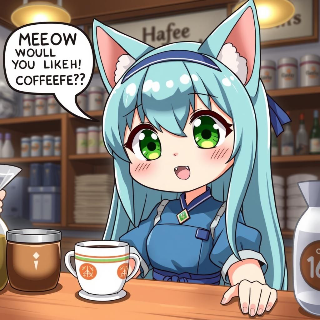 Anime Catgirl Serving Coffee at Cafe