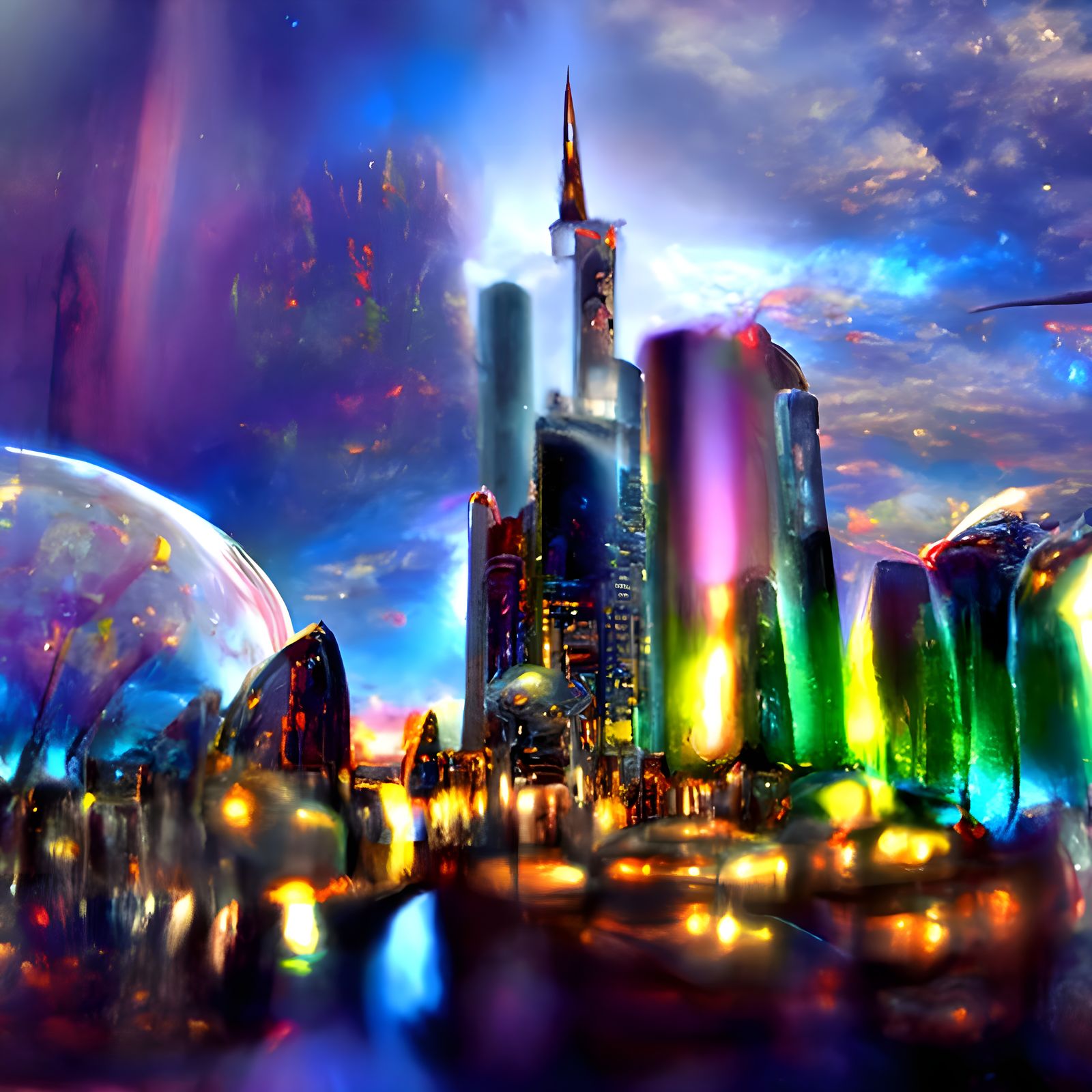 Futuristic Metropolis with Iridescent Reflections as Digital...