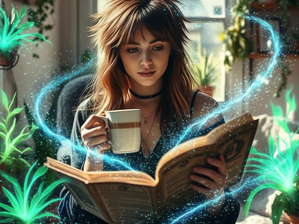 Modern Witch Reading Spellbook in Cozy Apartment