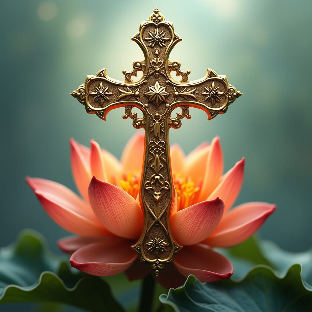 Ethereal Patriarchal Cross in Front of Orange Lotus Flower