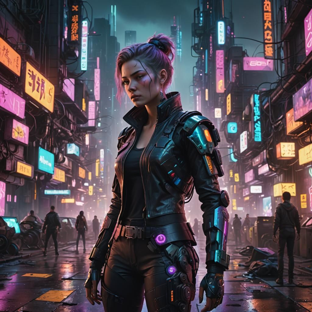 Hyperrealistic 16k rendering of a female protagonist in a dy...