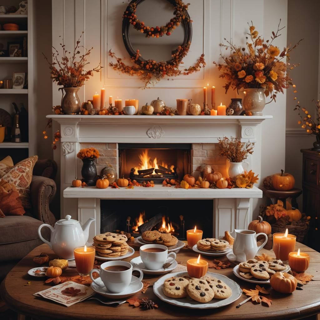 Cozy Autumn Fireplace Scene with Cider and Treats
