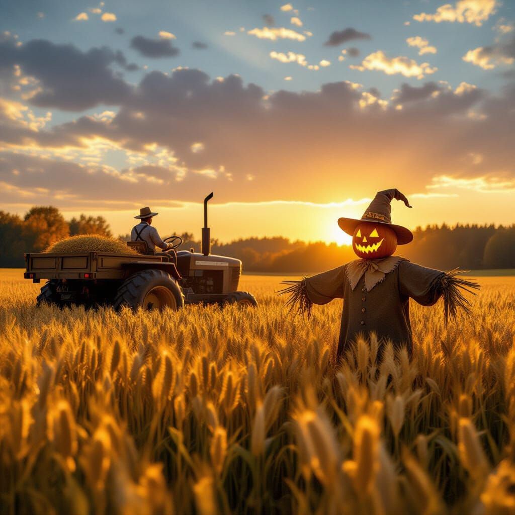 Golden Wheat Harvest at Sunset with Autumn Forest