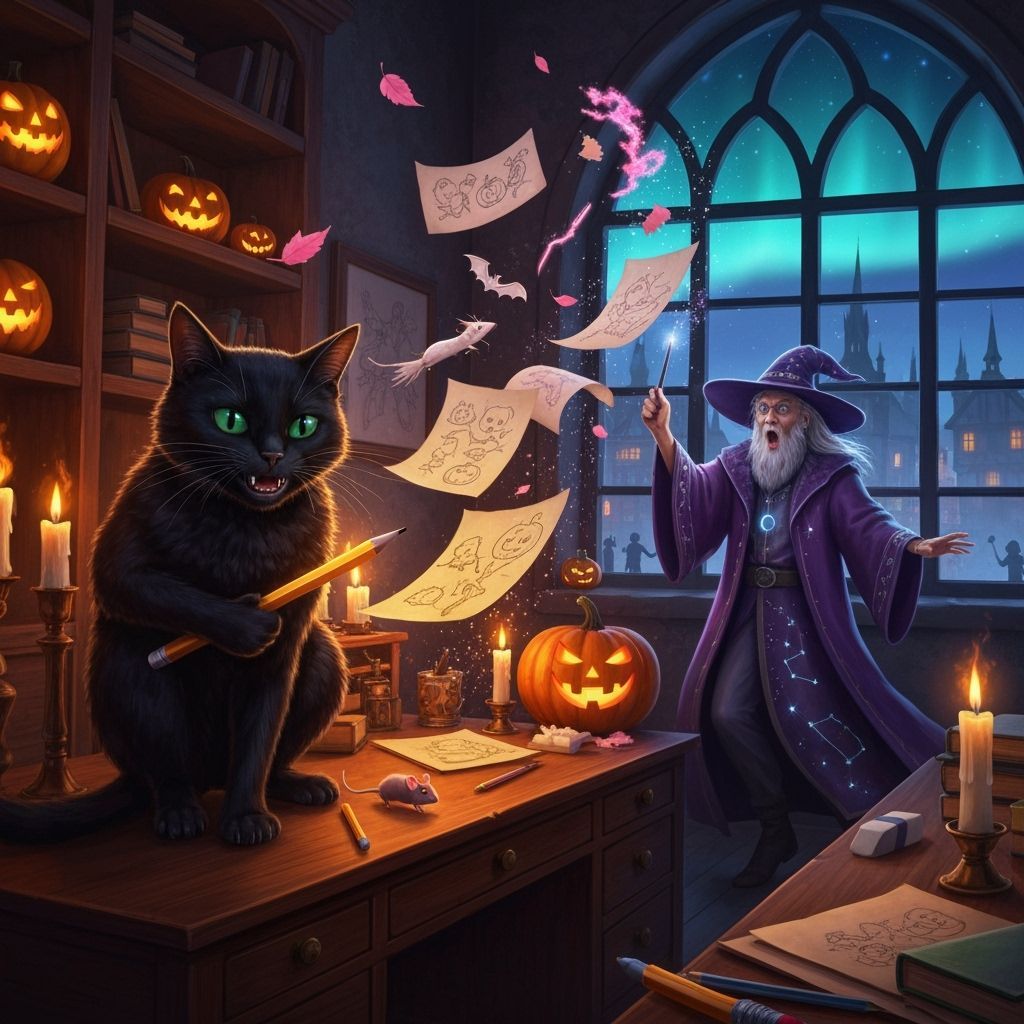 Mischievous Cat Creates Magical Chaos in Wizard's Study