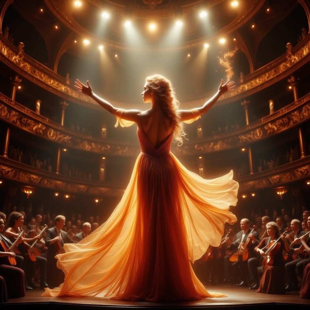 Copper Goddess Performs on Grand Stage in Dramatic Lighting