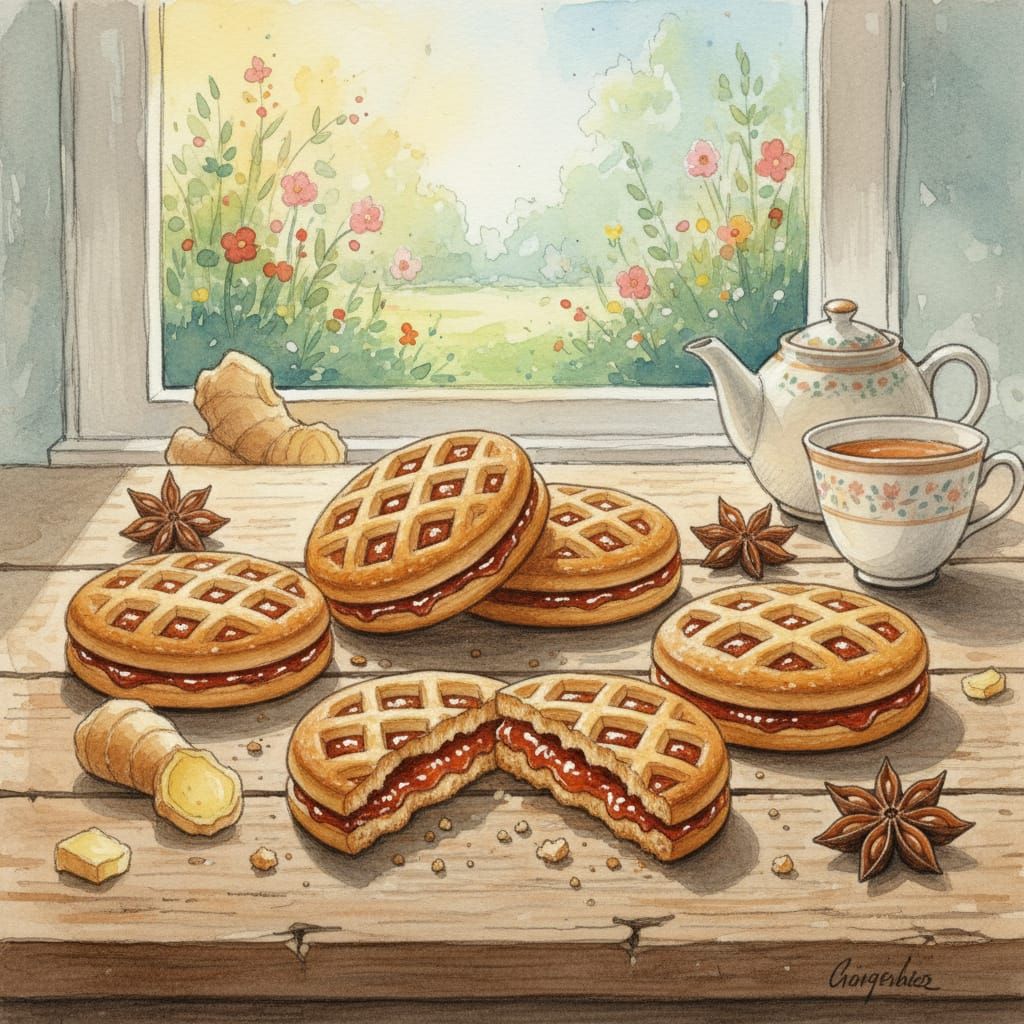 Golden Ginger Shortbread Biscuits with Spicy Jam Filling