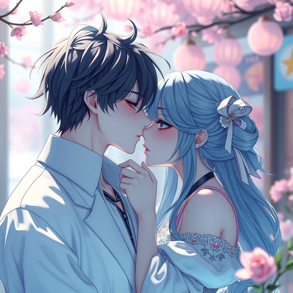 Romantic Anime-Inspired Couple Share a Sweet Kiss