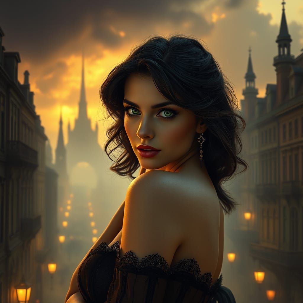 Ethereal Woman in Moody Cityscape