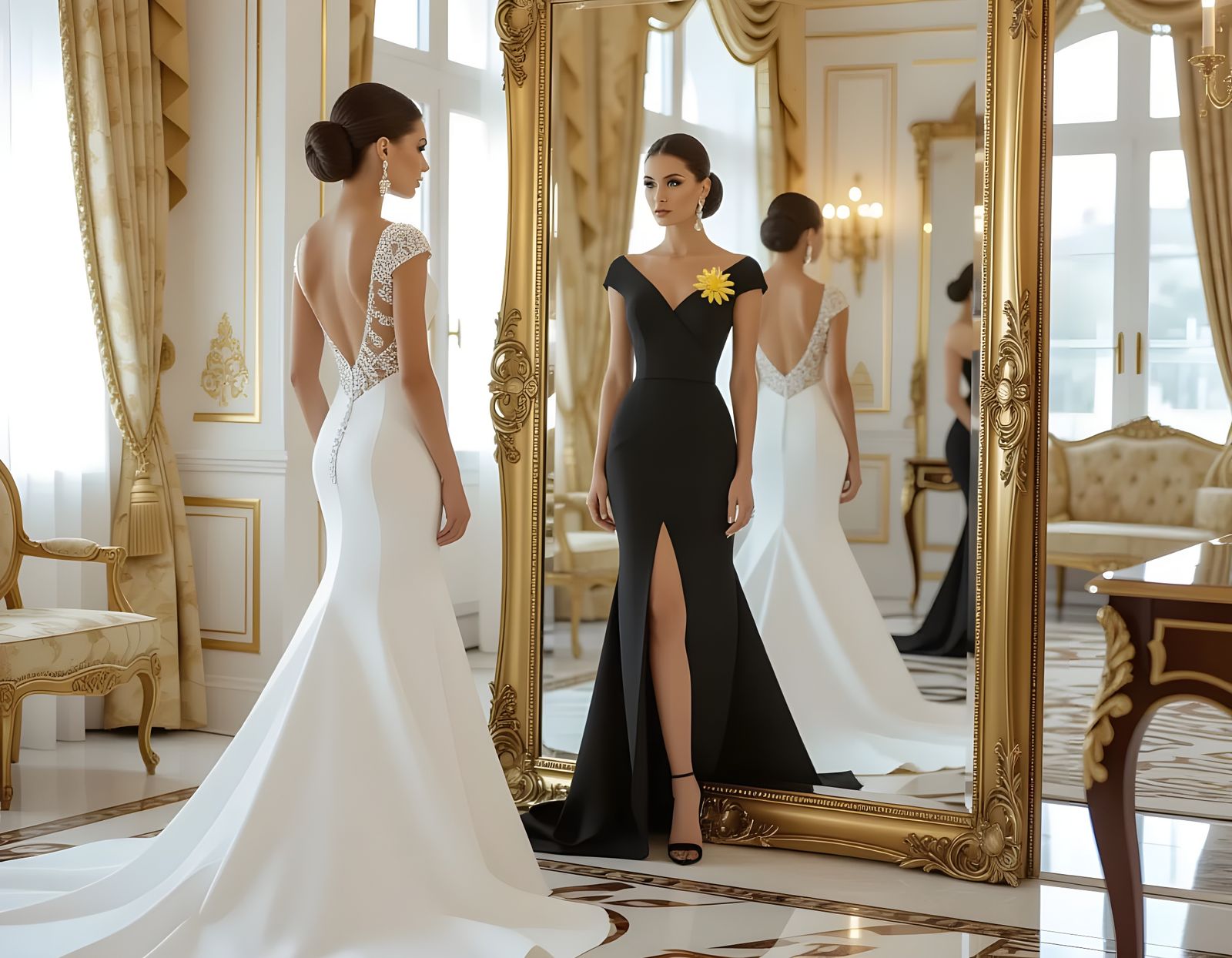 Elegant Woman in Wedding Dress Sees Black Dress Reflection