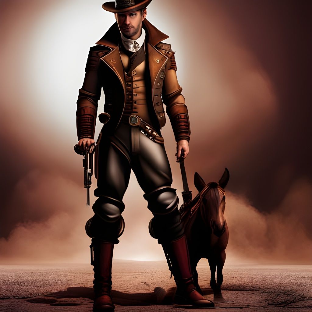 Steampunk Cowboy and Horse, Hyperdetailed Art