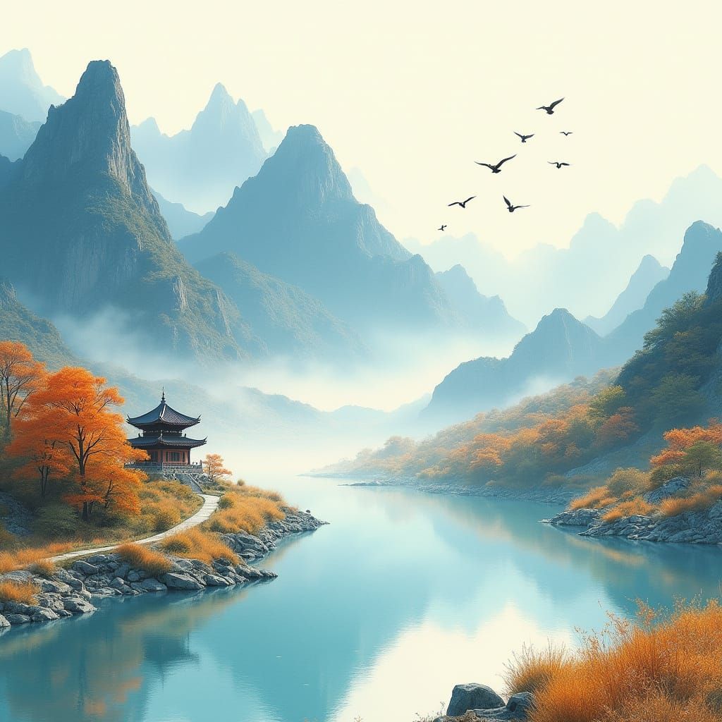 Majestic Korean Lake Landscape in Elegant Ink Wash Style