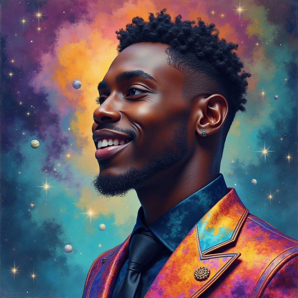 Ethereal Cosmic Gentleman in Opulent Business Suit