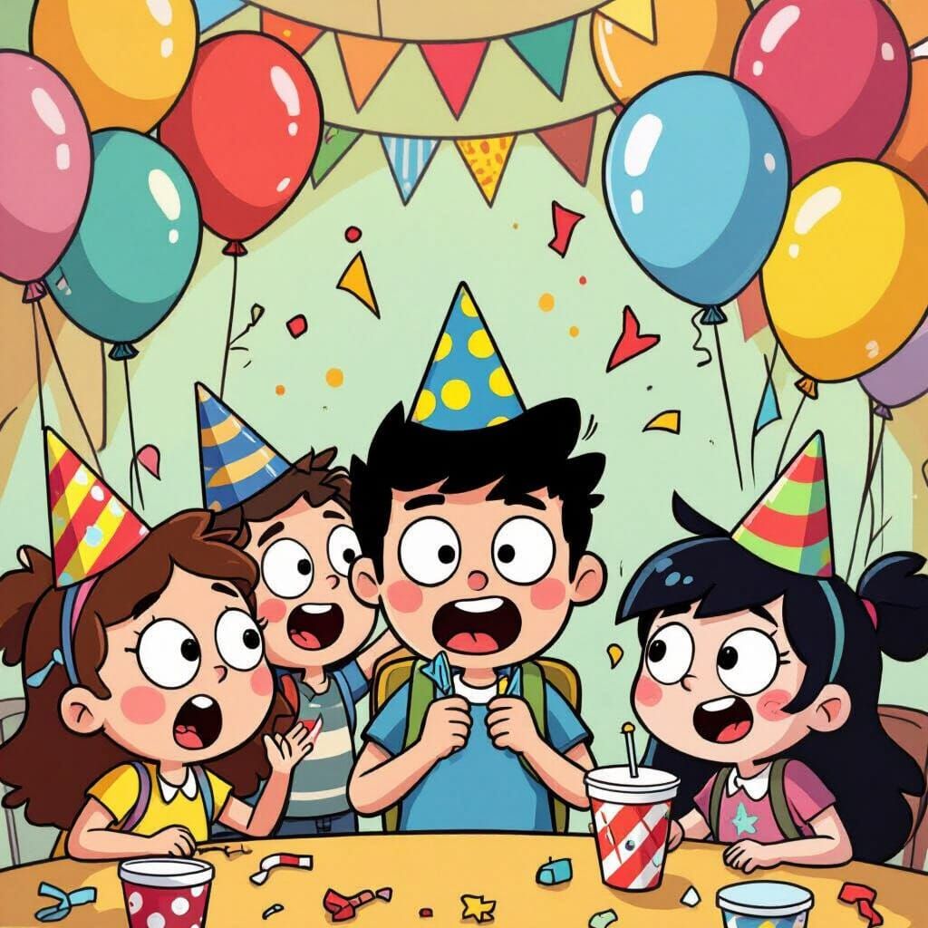 Whimsical Cartoon Party Scene with Surprised Children
