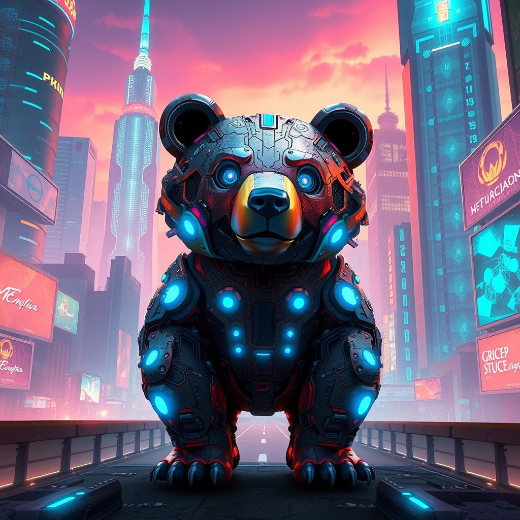 Futuristic Cybernetic Bear in Neon Cityscape