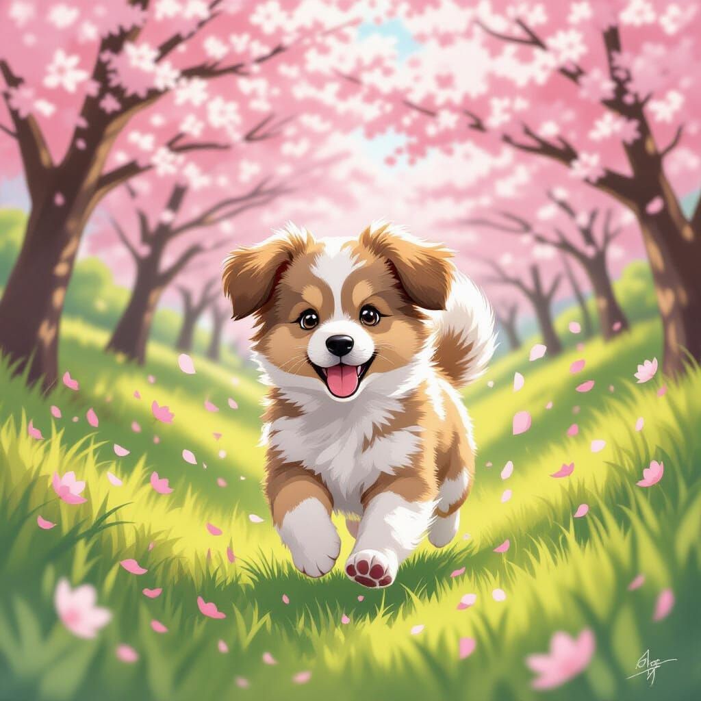 Puppy's Joyful Dash in Cherry Blossom Garden