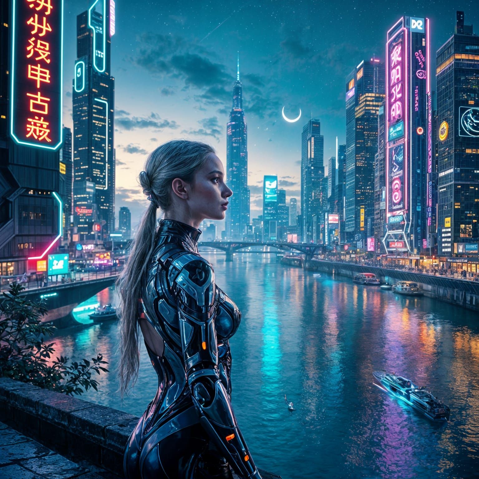 A Cyberpunk Goddess Contemplates Futuristic City