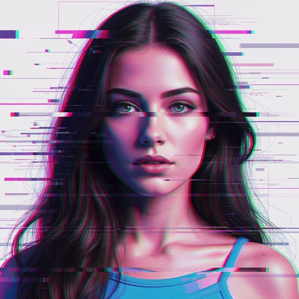 Young Woman Portrait in Vibrant Glitch Art Style