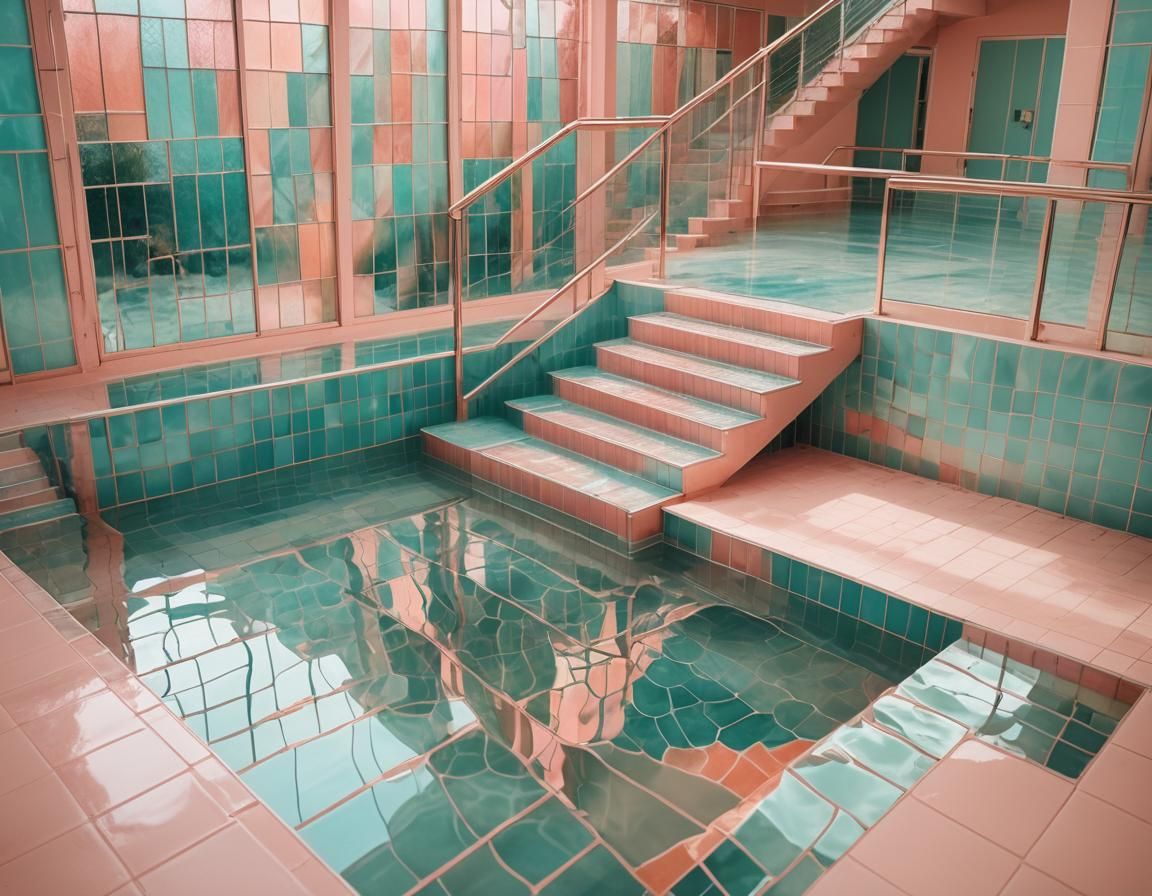 Vaporwave Swimming Pool with Rippled Glass Stairway