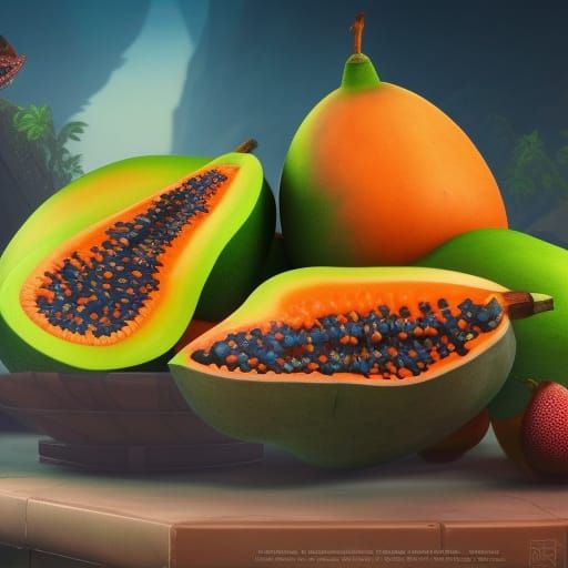 Bowl of Papayas in Detailed Matte Painting Style