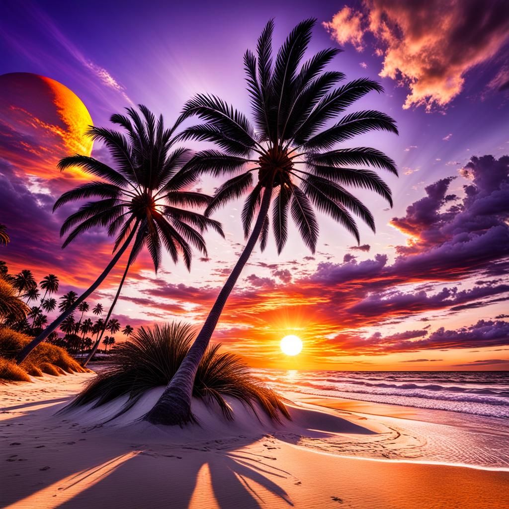 Hyperrealistic Beach Sunset with Palm Tree