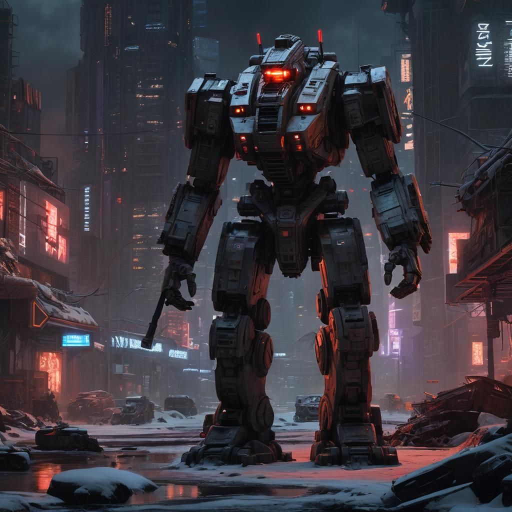 Hyperrealistic Sci-Fi Cityscape with Military Mech