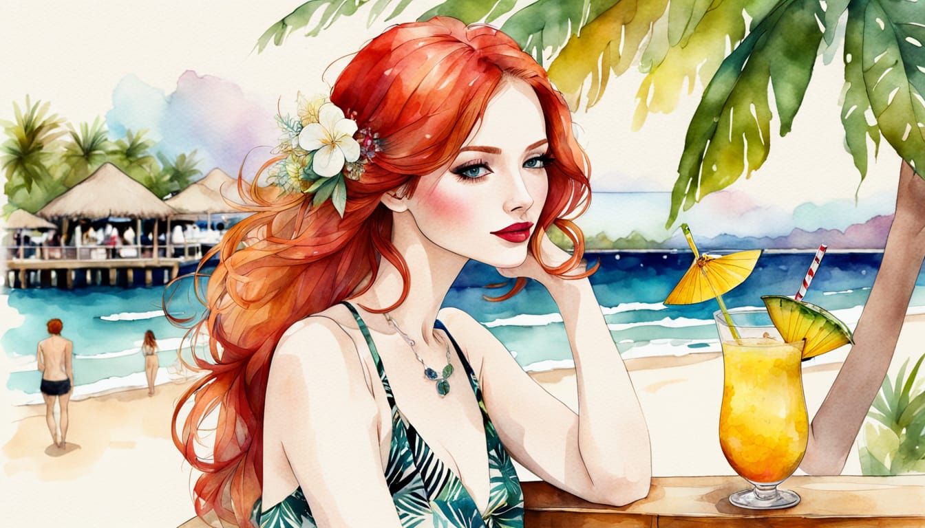 Redhead at Beach Bar in Minimalist Sumi-e Style